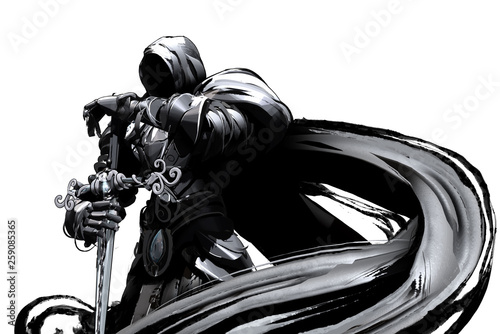 Gloomy knight in black armor with a cloak and sword in his hands stands proudly on a white background photo