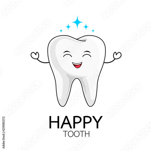 cute cartoon happy tooth character. Dental care concept. Vector illustration isolated on white background.