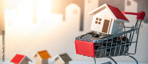 Real estate or property investment concept. Home mortgage loan rate. Construction business investing. House models and coins in mini shopping cart (trolley) with city background.