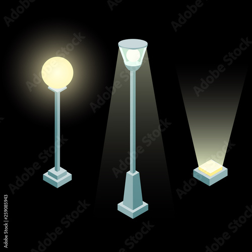 Set of street light isometric 3d vector in flat style isolated on black background.