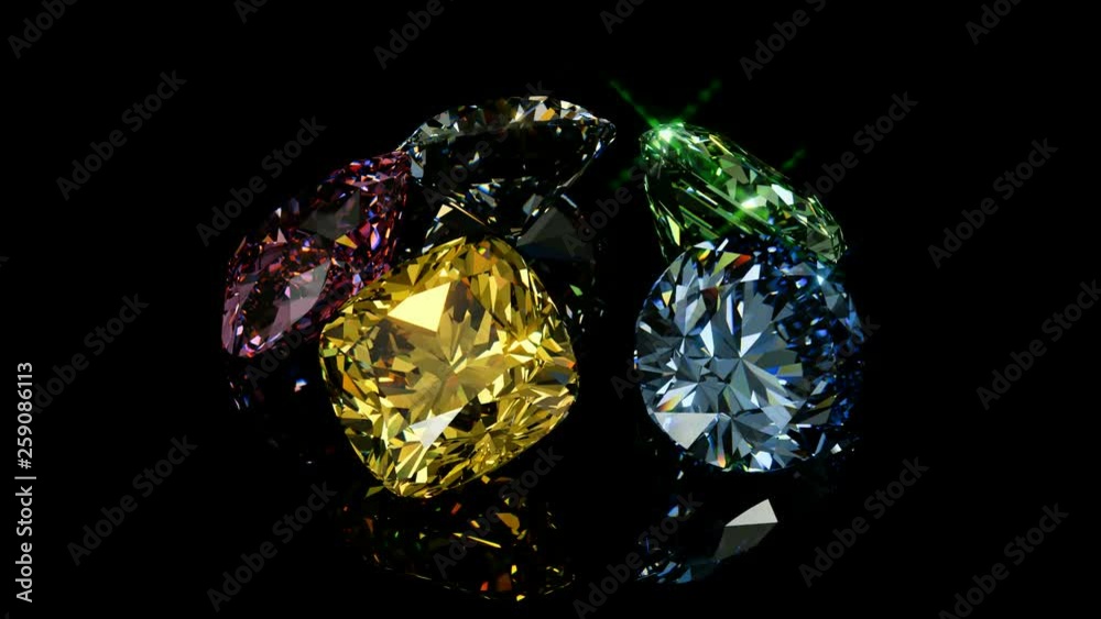 Five fancy multi colored diamonds rotating on black glossy background. Seamless 3D animation