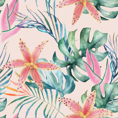 Wandcirkels Orchidee patronen Aquarel orchideeën met tropische bladeren  © natikka