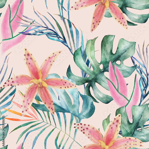 Tropical seamless pattern with orchids and leaves. Watercolor summer print. E...