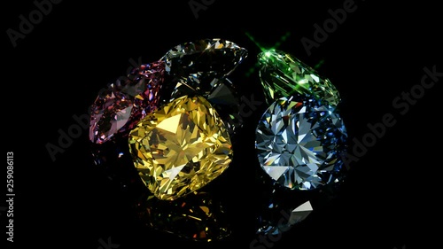Five fancy multi colored diamonds rotating on black glossy background. Seamless 3D animation