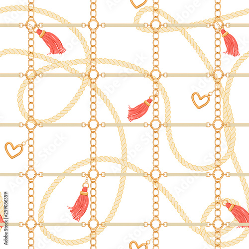 Checkered seamless pattern with golden chains, rope, tassels, belts and heart pendant. Fashion print for textile, scarf, silk shawls and tablecloth design. Vector illustration on white background.