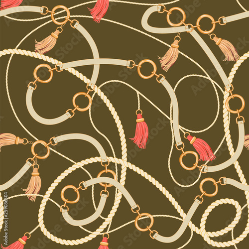 Trendy vintage seamless pattern with gold chains, tassels, belts and rope on khaki background. Vector illustration for textile, scarf, fabric, wrapping paper, silk shawls.