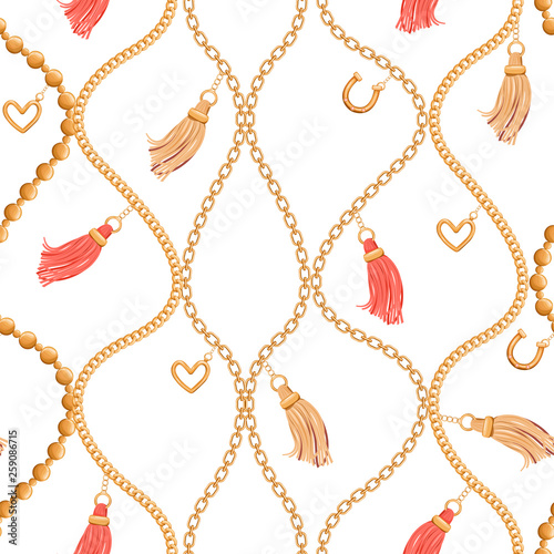 Abstarct seamless pattern with gold chains, tassels, heart and golden horseshoe pendant. Trendy print for textile, scarf, wrapping paper, packaging. Vector illustration on white background.