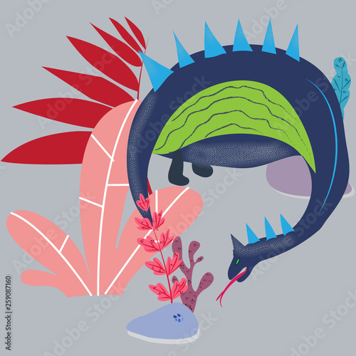 Fantastic landscape with fantastic prehistoric animals, extinct dinosaurs, vector illustration