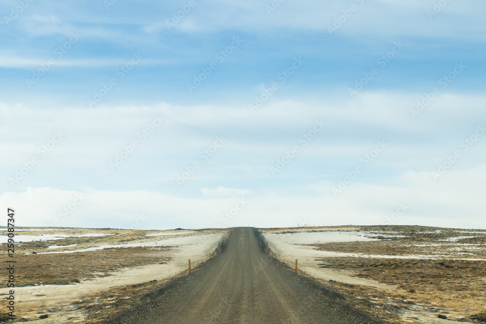 Highway 1 Iceland. Clear road covered in winter.ring road, route 1 in Iceland Highway 1 Iceland. Clear road covered in winter.ring road, route 1 in Iceland