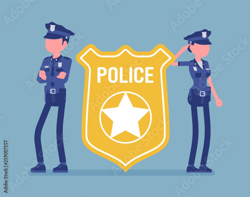 Police officer emblem and policemen. Male, female officers standing near giant bright cop badge, symbol of policing, professional sign of authority, service. Vector illustration, faceless characters