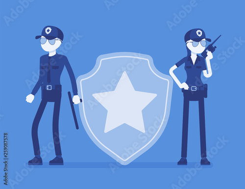 Security sign, guard officers. Male, female workers in uniform employed for protection of person, building, organization, giant badge, professional star sign. Vector illustration, faceless characters