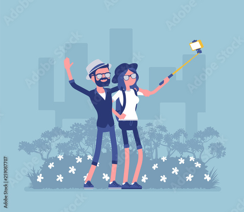 Tourists taking selfie. Young pair travelling, visiting places for pleasure, making photograph with smartphone, stick to share in social media, self-portrait. Vector illustration, faceless characters