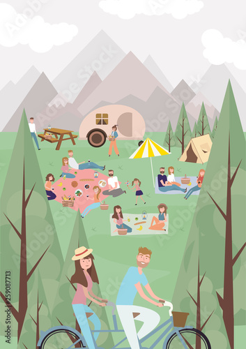 Summer picnic with active family vacation with kids, couples, families, relaxing on nature, ride bicycles and skateboard. Editable vector illustration