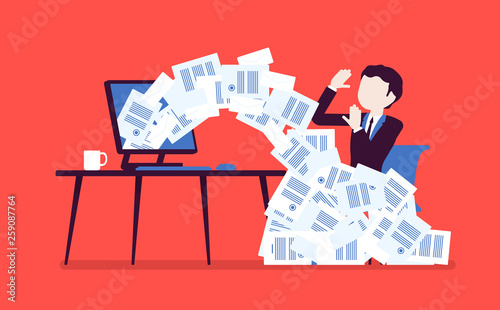 Paper avalanche for businessman. Male office worker overloaded with paperwork from computer, heap of business letters and online documents, busy clerk. Vector illustration, faceless characters
