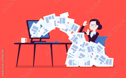 Paper avalanche for businesswoman. Female office worker overloaded with paperwork from computer, heap of business letters and online documents, busy clerk. Vector illustration, faceless characters