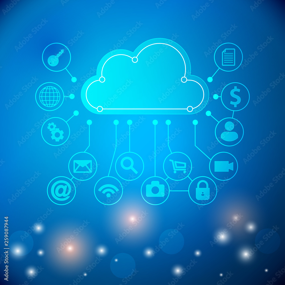 Cloud Technology Abstract. Cloud Computing concept background with a lot of icons. Cloud technology. Cloud computing technology abstract scheme illustration. Vector illustration. Cloud Technology Abstract. Cloud Computing concept background with a lot of icons. Cloud technology. Cloud computing technology abstract scheme illustration. Vector illustration.