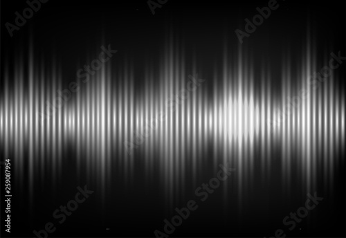 Wave sound vector background. Music flow soundwave design, light white blur elements isolated on dark black backdrop. Radio beat frequency consist of lines