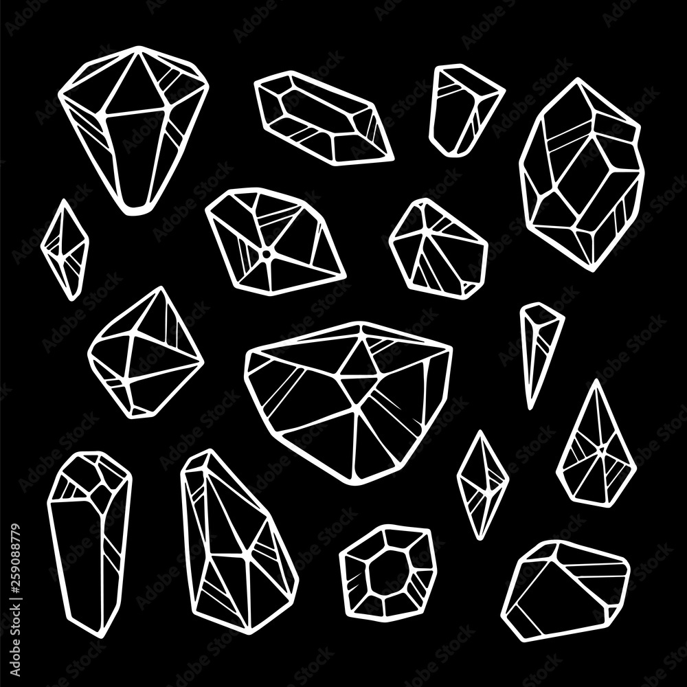 Vector line crystals isolated on black background. Outline sign kit of gemstone. Crystal thin line icons set. Mineral linear icon collection. Diamond, emerald, aquamarine and others. Vector line crystals isolated on black background. Outline sign kit of gemstone. Crystal thin line icons set. Mineral linear icon collection. Diamond, emerald, aquamarine and others.