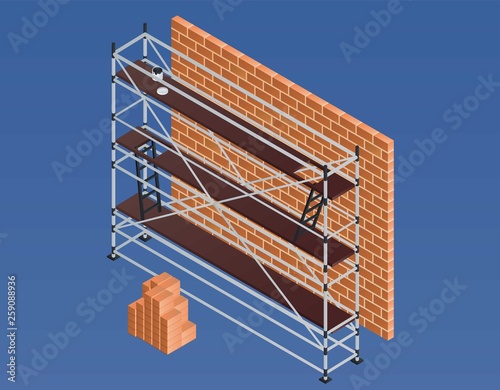 Scaffold brick wall banner. Isometric illustration of scaffold brick wall vector banner for web design