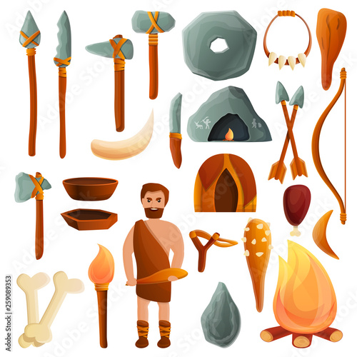 Stone age icons set. Cartoon set of stone age vector icons for web design
