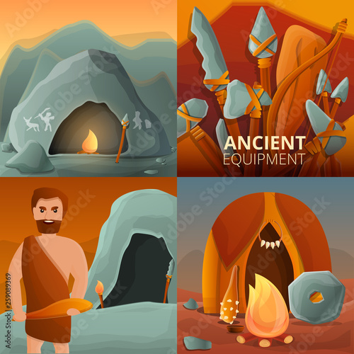 Stone age banner set. Cartoon illustration of stone age vector banner set for web design