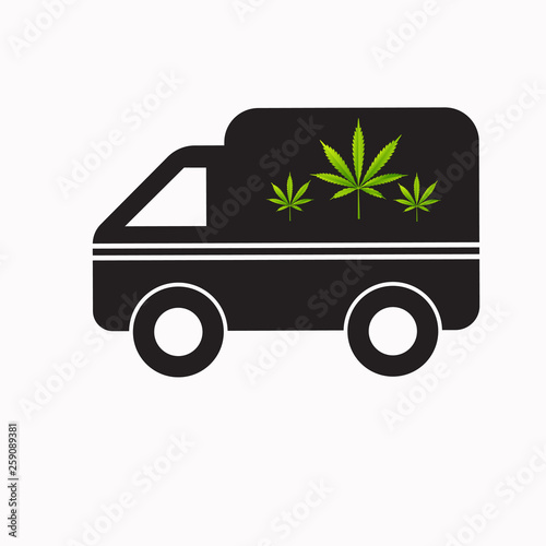 Delivery cannabis. Illustration of a delivery truck icon with a marijuana leaf. Drug consumption Marijuana Legalization. 