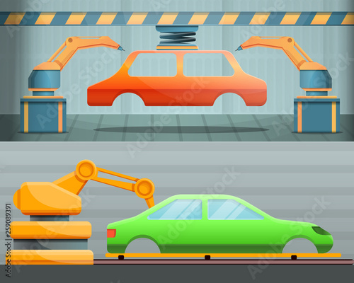 Car factory banner set. Cartoon illustration of car factory vector banner set for web design