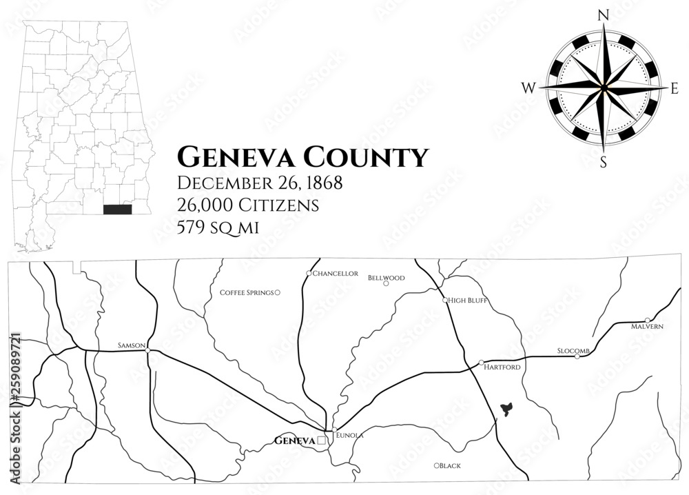 Large and detailed map of Geneva county in Alabama, USA Stock Vector