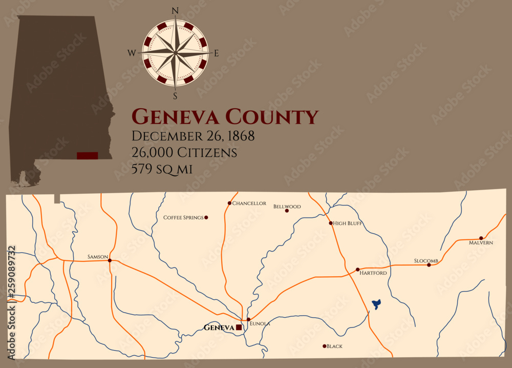 Fototapeta premium Large and detailed map of Geneva county in Alabama, USA