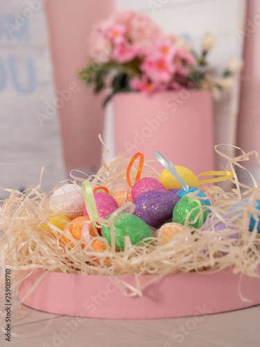 easter eggs in a decorative box with flower