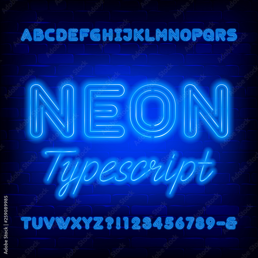 Blue neon alphabet font. Bold light bulb uppercase letters and numbers. Stock vector typeface for your typography design.