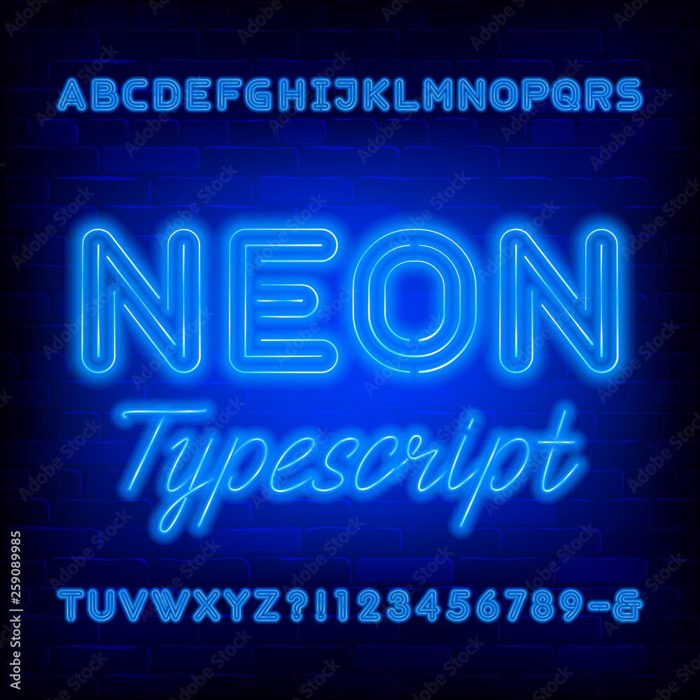 Obraz premium Blue neon alphabet font. Bold light bulb uppercase letters and numbers. Stock vector typeface for your typography design.