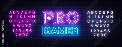 Pro Gamer neon sign vector. Neon Gaming Design template, light banner, night signboard, nightly bright advertising, light inscription. Vector illustration. Editing text neon sign