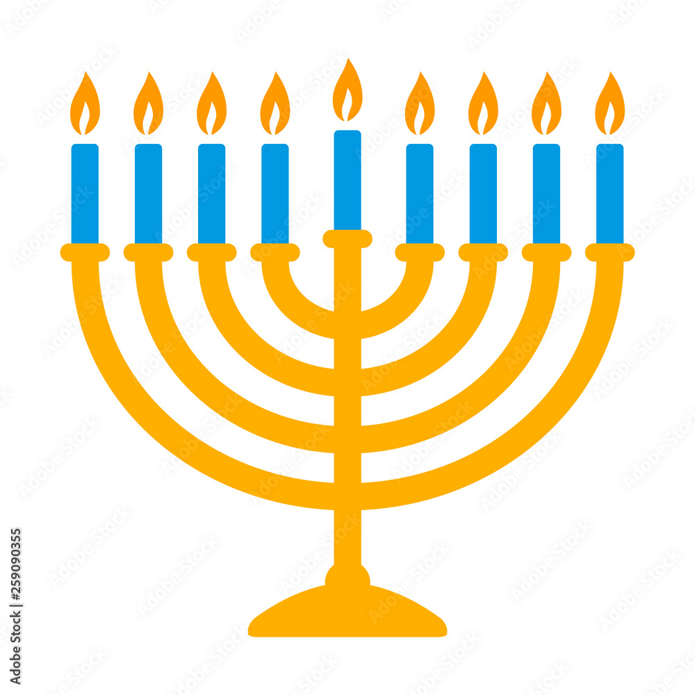 Hanukkah menorah candelabrum with nine lit candles flat vector color icon for holiday apps and websites Hanukkah menorah candelabrum with nine lit candles flat vector color icon for holiday apps and websites
