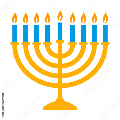 Hanukkah menorah candelabrum with nine lit candles flat vector color icon for holiday apps and websites photo