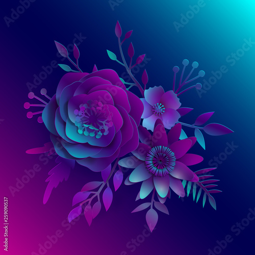 Paper art, realistic vector 3D flowers on a neon blue and pink light with leaves cut of paper. Stock illustration