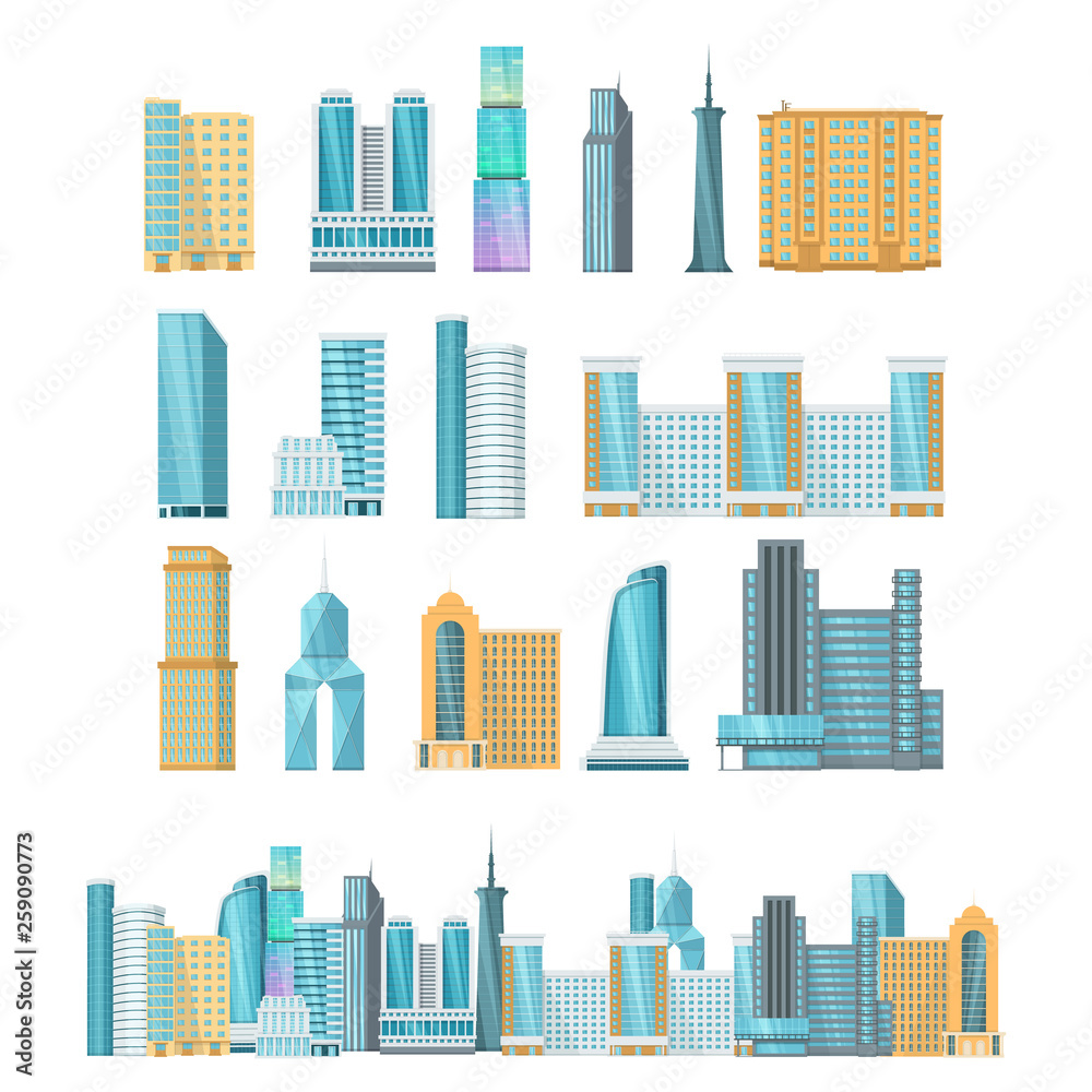 High-rise city skyscrapers. Exterior of buildings, facades of architectural structures.