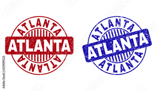 Grunge ATLANTA round stamp seals isolated on a white background. Round seals with distress texture in red and blue colors. Vector rubber overlay of ATLANTA caption inside circle form with stripes.