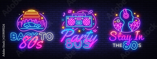 80's collection neon signs vector. Back to the 80s design template concept. Neon banner background design, night symbol, modern trend design. Vectro Illustration photo