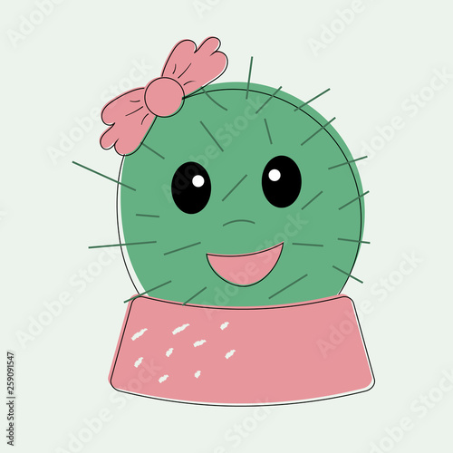 Funny simple naive cute cactus girl with pink the bow flower on head in pot skirt.For decoration of children t-shirts,dresses, pajamas,bed linen,underwear,pillowcases and pillows.Vector illustration