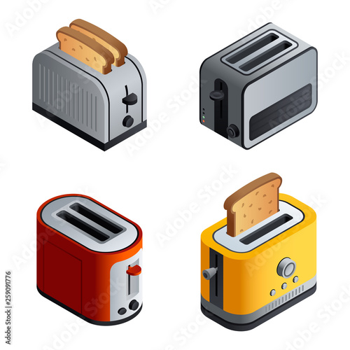 Toaster icons set. Isometric set of toaster vector icons for web design isolated on white background