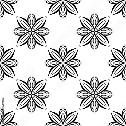 Floral seamless pattern. Black flowers on white background