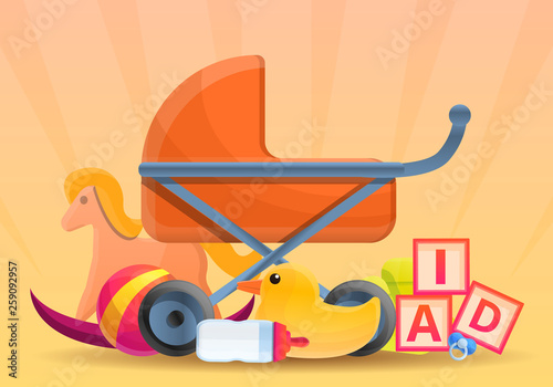 Baby pram toys concept banner. Cartoon illustration of baby pram toys vector concept banner for web design