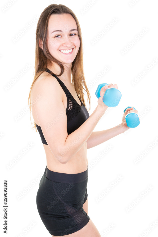 Athletic woman with dumbbells doing sport exercise isolated on white background Athletic woman with dumbbells doing sport exercise isolated on white background
