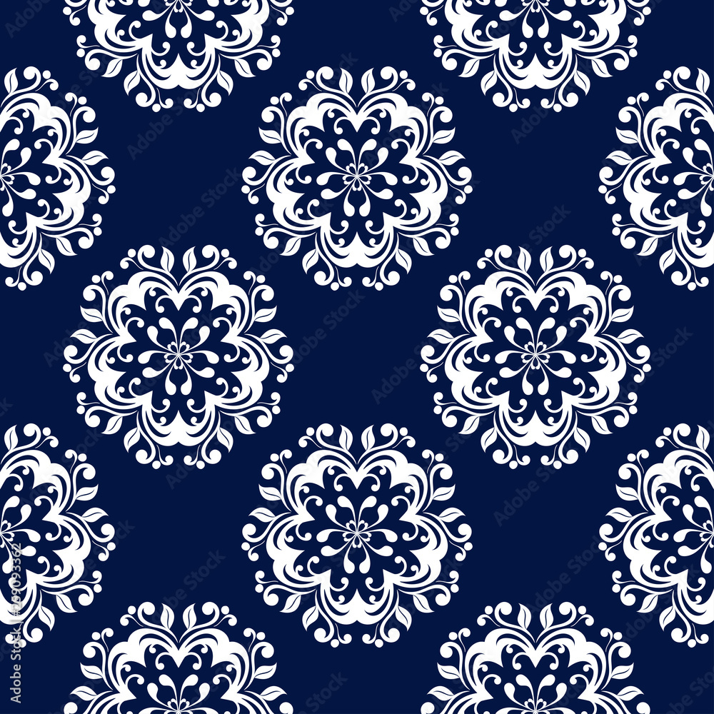 Fototapeta premium Floral seamless pattern. White flowers on dark blue background
