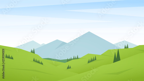 Flat Summer Mountains landscape with green hills and pines.