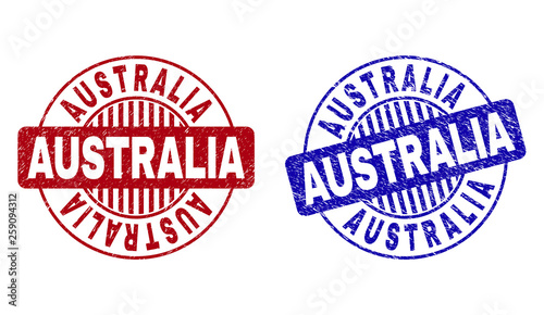 Grunge AUSTRALIA round stamp seals isolated on a white background. Round seals with grunge texture in red and blue colors. Vector rubber overlay of AUSTRALIA title inside circle form with stripes.