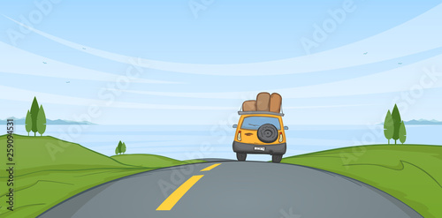 Cartoon Summer landscape with travel car rides on the road and sea on horizon.