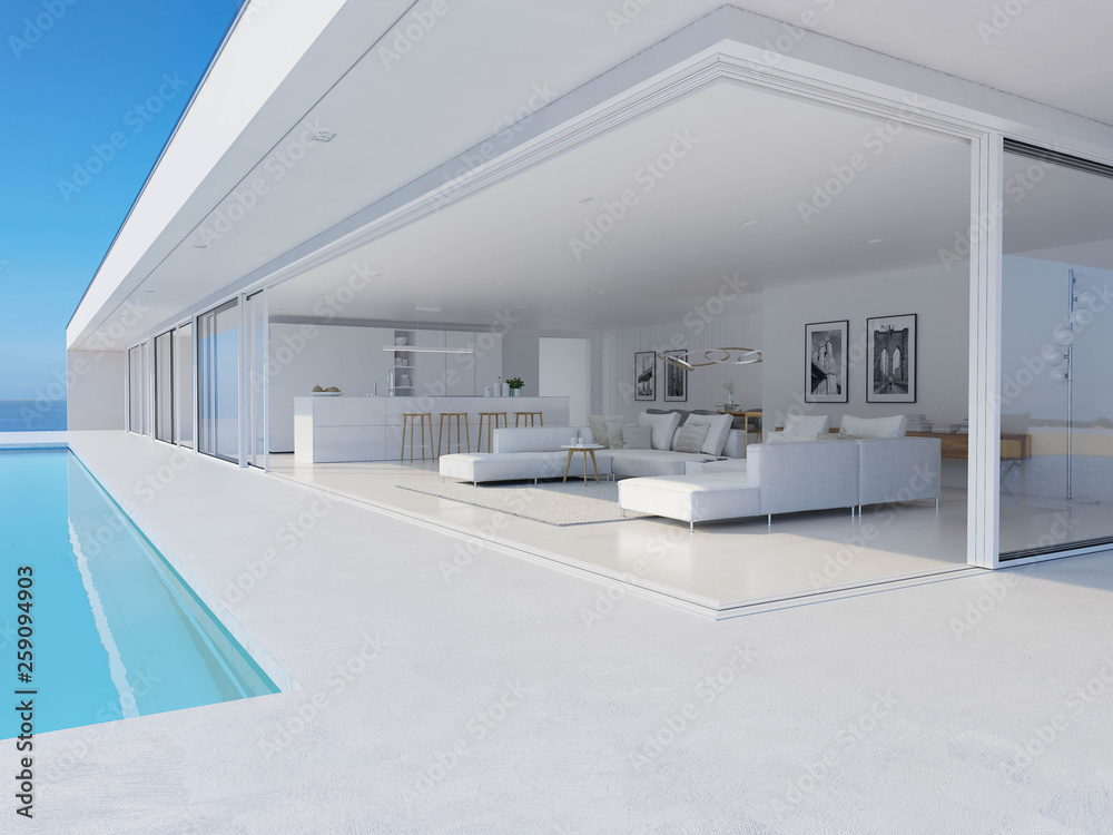 3D-Illustration. modern luxury summer villa with infinity pool - obrazy, fototapety, plakaty 