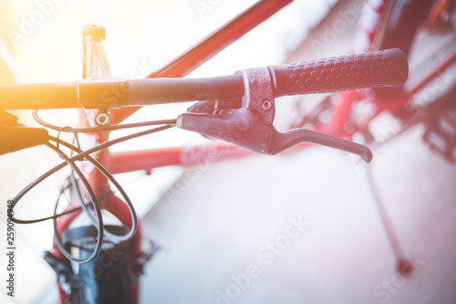 Bicycle handlebar and breaks, bike repair, blurred background